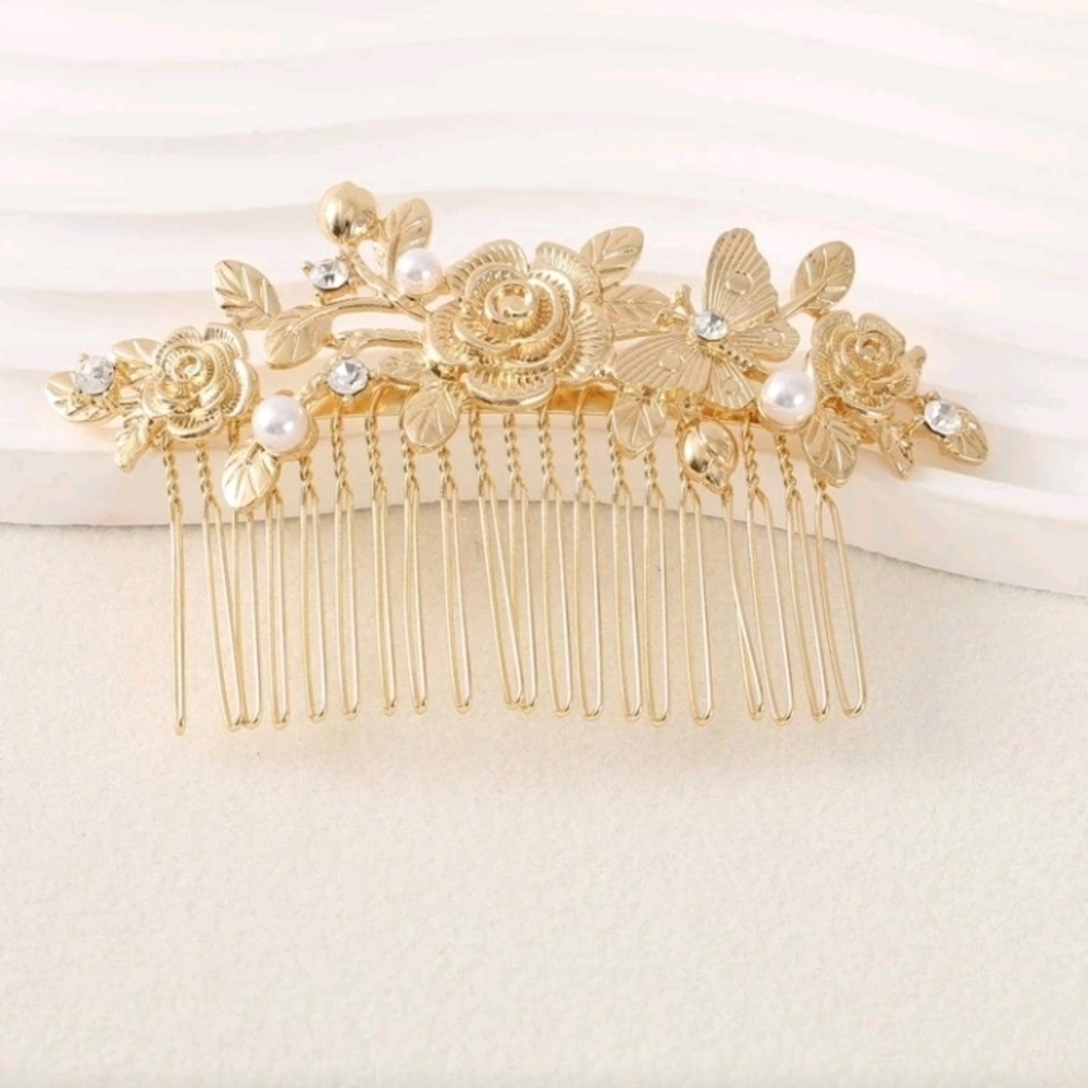 Wedding Bridal Gold Floral Butterfly Faux Pearl Hair Comb New